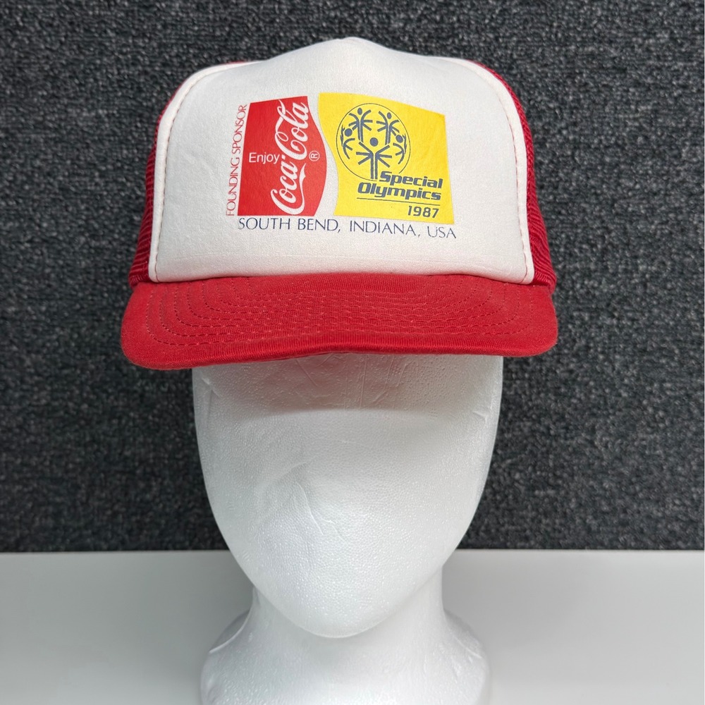 Vintage 1987 Special Olympics Coca-Cola Trucker Hat South Bend Indiana Red White
